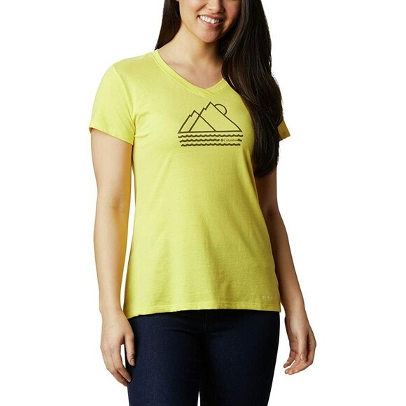 New Womens M Columbia Bright Yellow Logo Tee Shirt V Neck Omni Shade UPF 30 SS - Picture 1 of 6